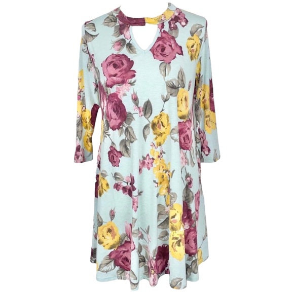 S Honeyme Blue Floral Print Keyhole V Neck Light Blue Flowy Tunic Slinky Dress - Picture 1 of 6